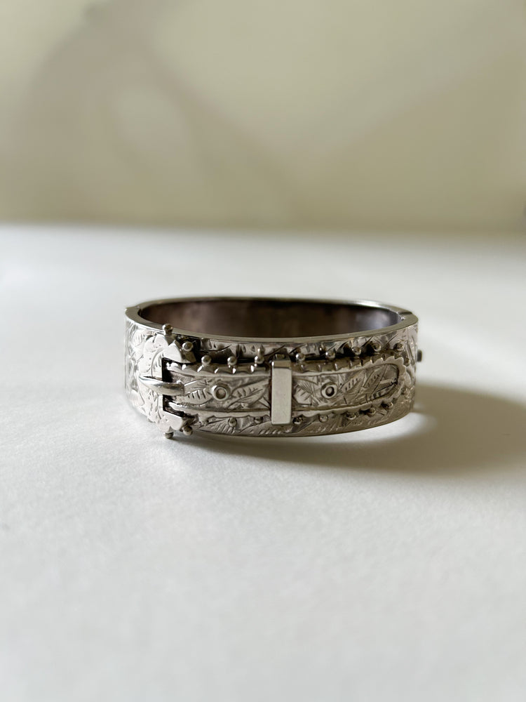 Victorian silver buckle bangle, engraved.